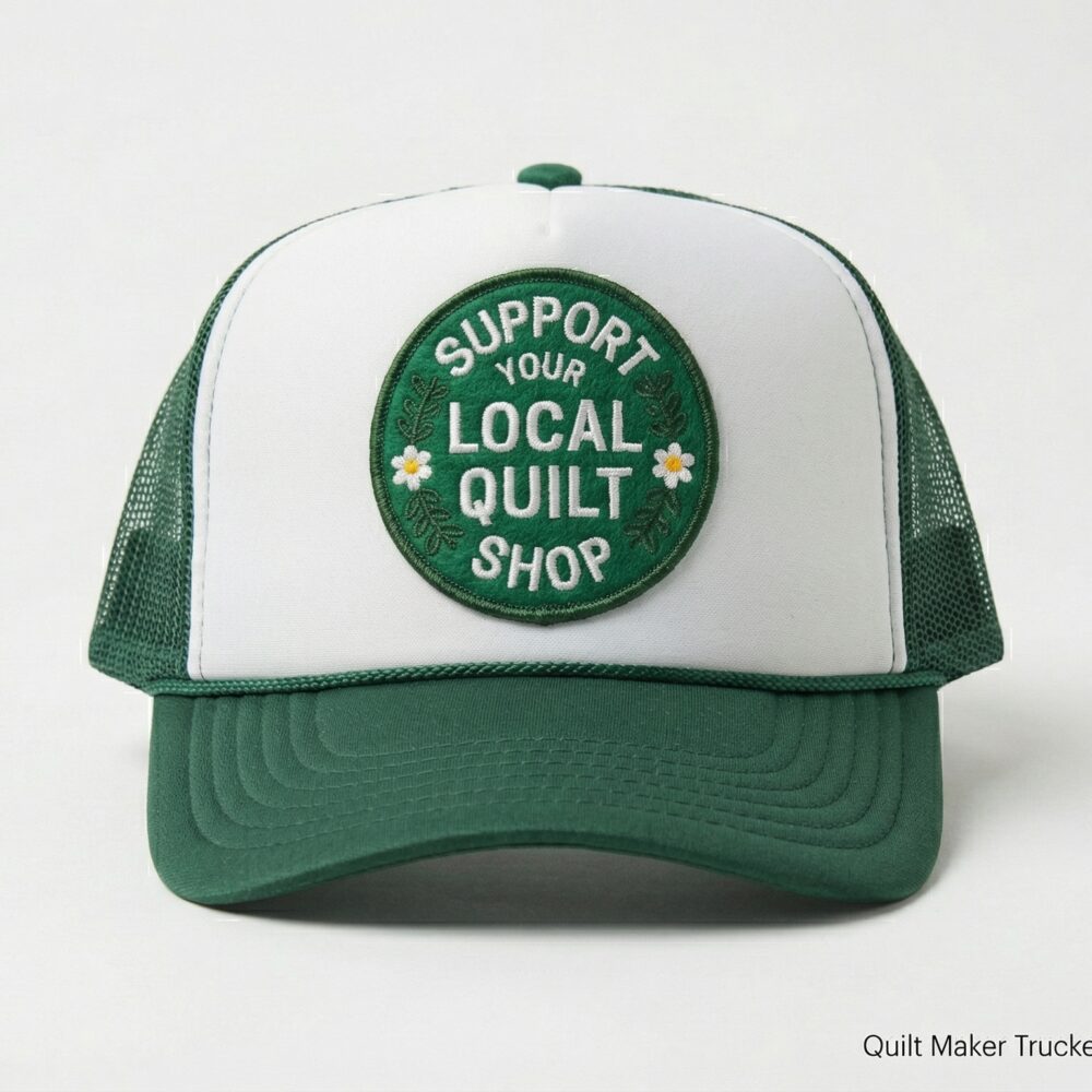 Kelly green and white trucker hat with embroidered &ldquo;Support your local quilt shop&rdquo; patch on front with vines and white daisies.